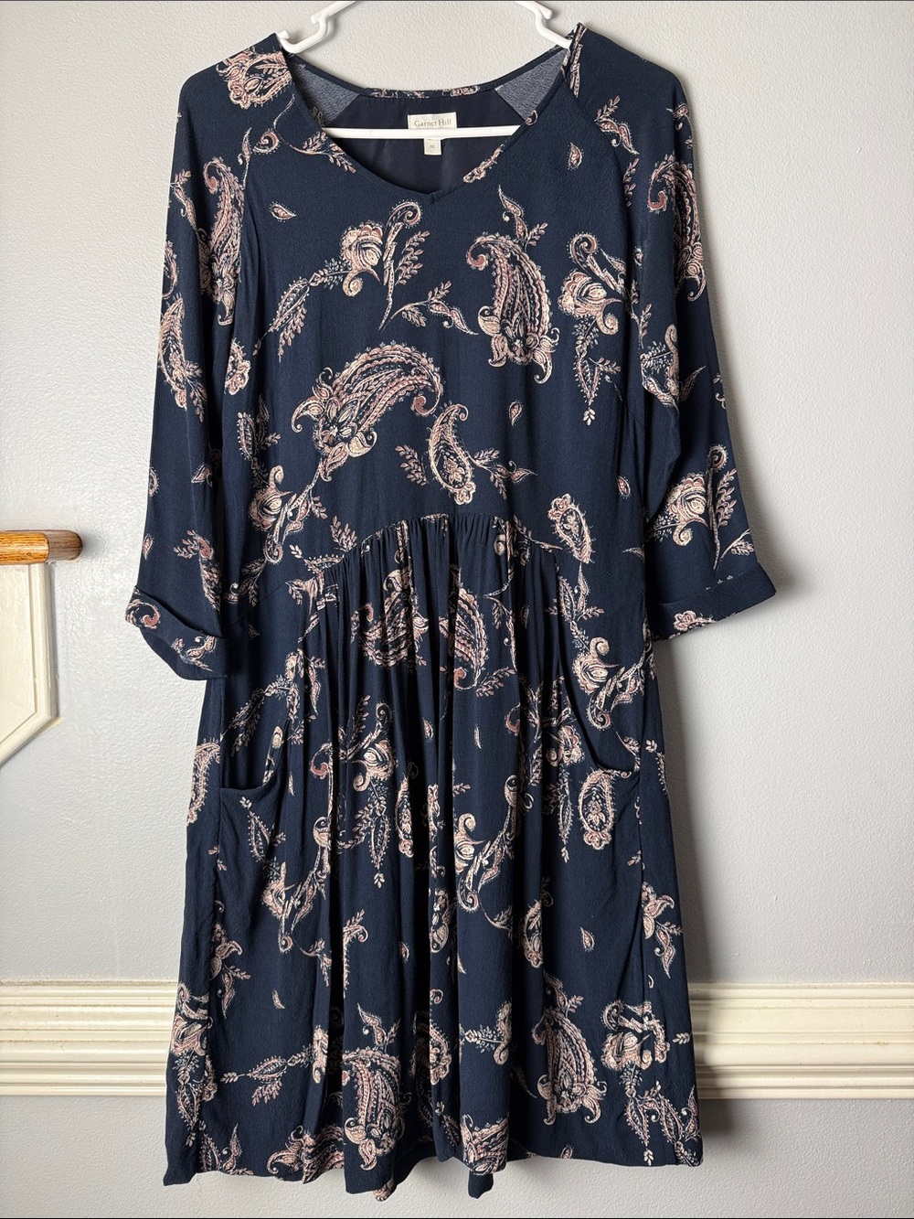 Garnet Hill Navy Paisley V-Neck Long Sleeve Dress